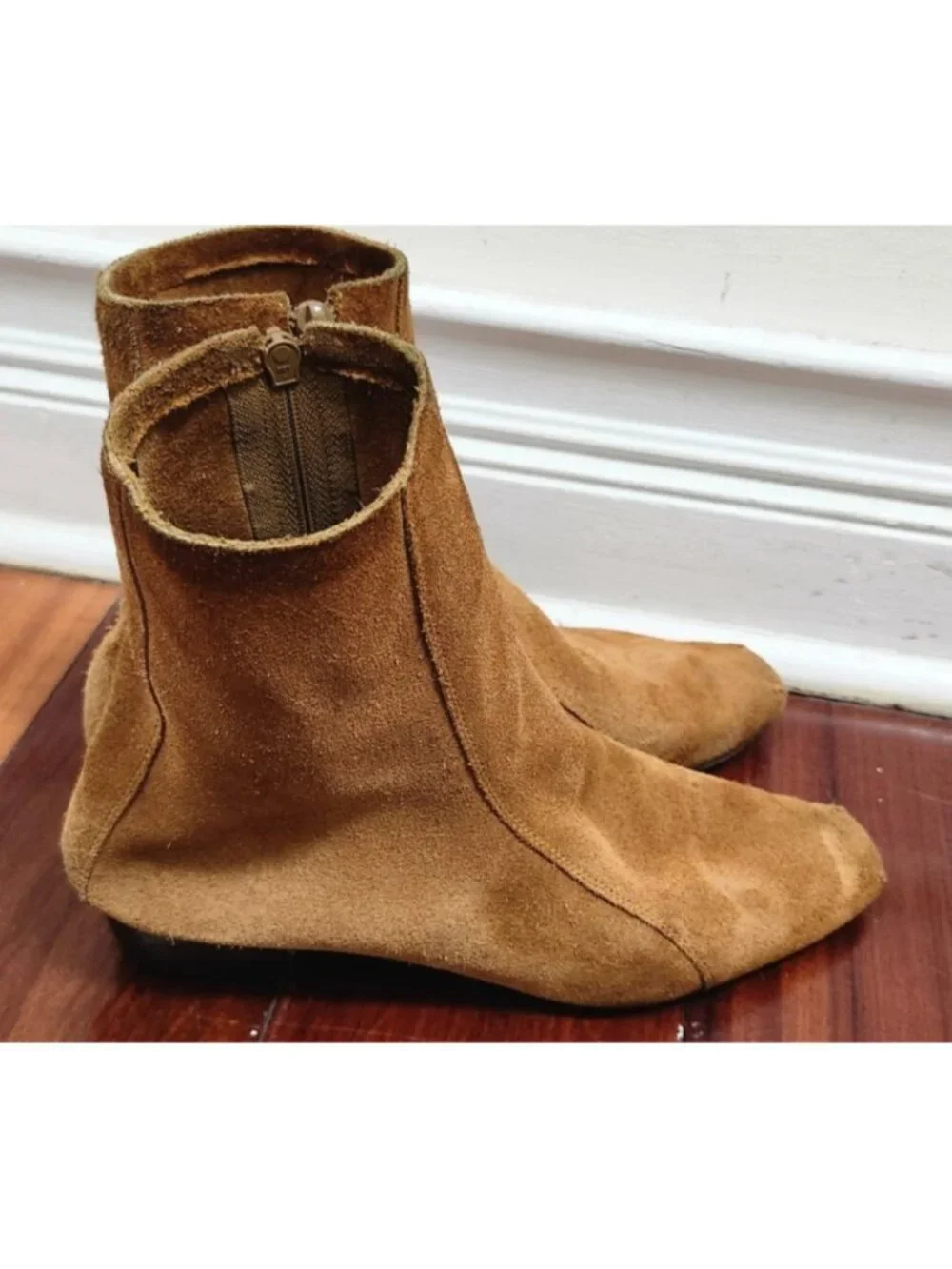 Rachel Comey Suede Ankle Boots Tan Square Toe Side Zip Low Heel Women's 9